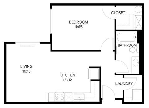 Floor plan for 1 bed, 1 bath, 683 sqft
